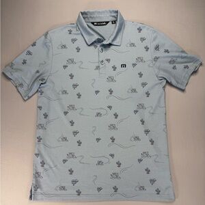 Travis Mathew Golf Polo Shirt Men’s Medium Blue Cactus Tractor Print